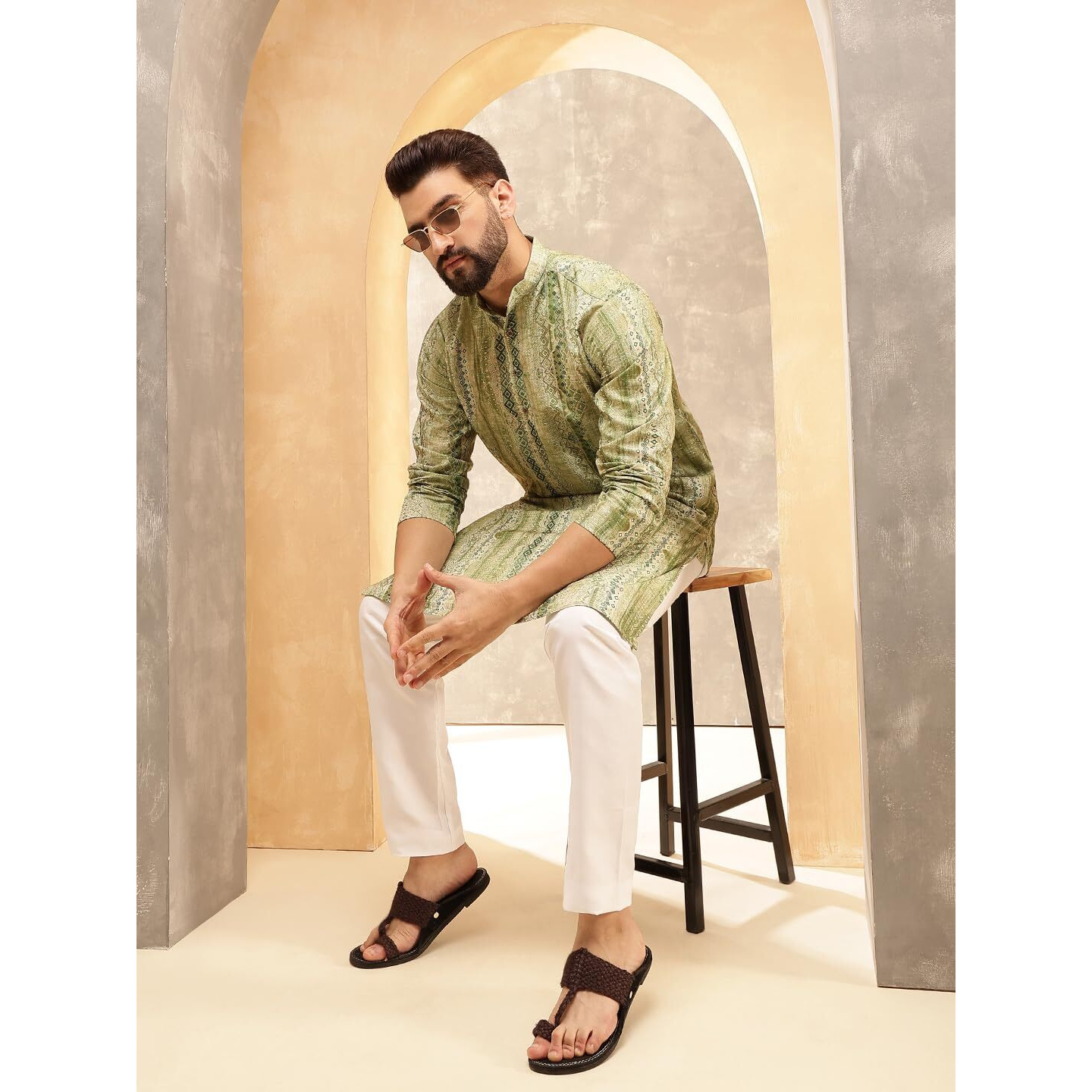 Sojanya (Since 1958 Men's Cotton Silk Green Print Kurta With White Pyjama