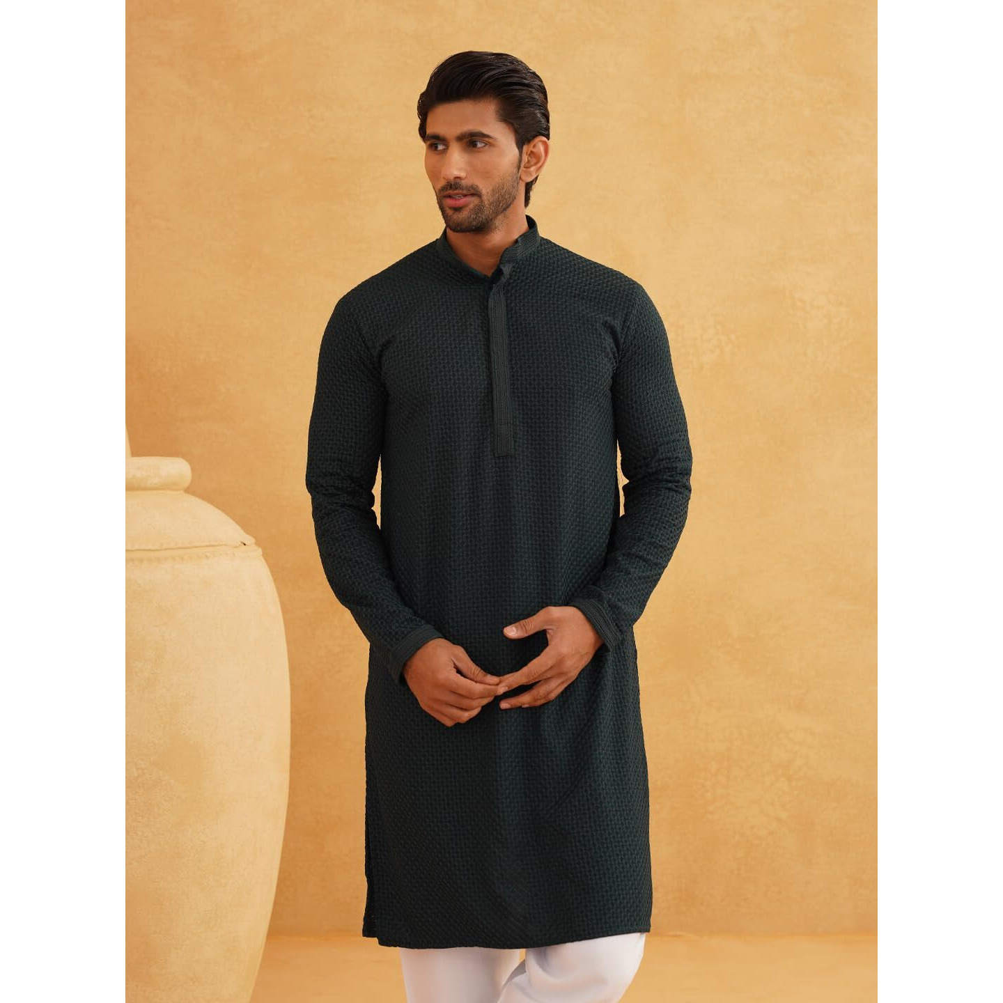 Sojanya (Since 1958 Men's Geometric Embroidered Thread Work Cotton Straight Green Long Kurta