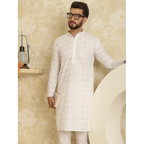 Sojanya (Since 1958 Men's Cotton Embroidered With Gold Seqence White Color Only Long KurtaSize-40