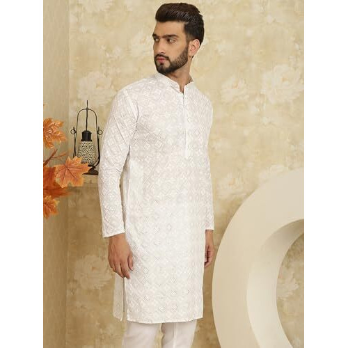Sojanya (Since 1958 Men's Cotton Embroidered With Gold Seqence White Color Only Long KurtaSize-40