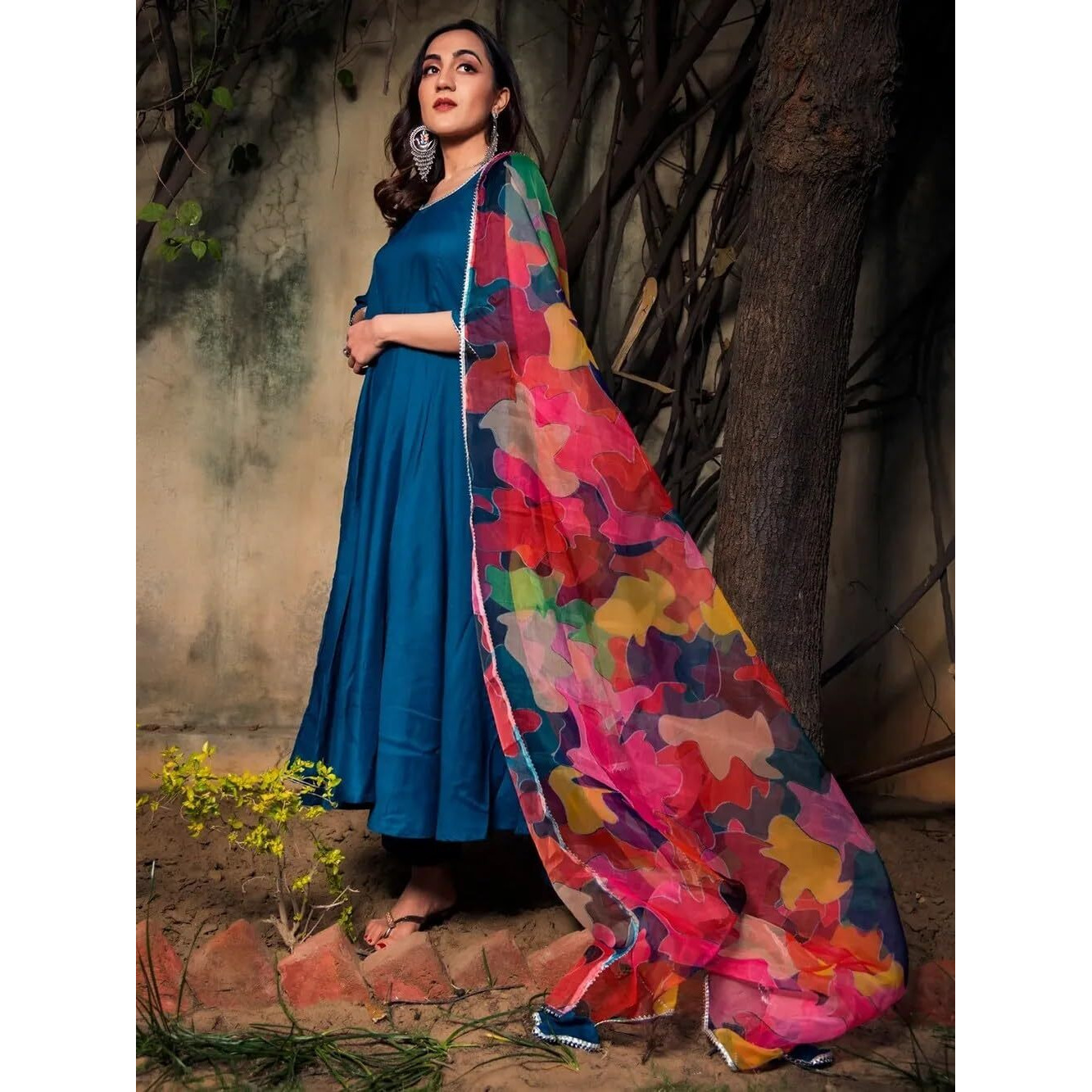 Sugathari Women's Blue Floral Print Tiered Midi Fit & Flare Dress With Digital Printed Dupatta (Dress2 112 Blue Xl)