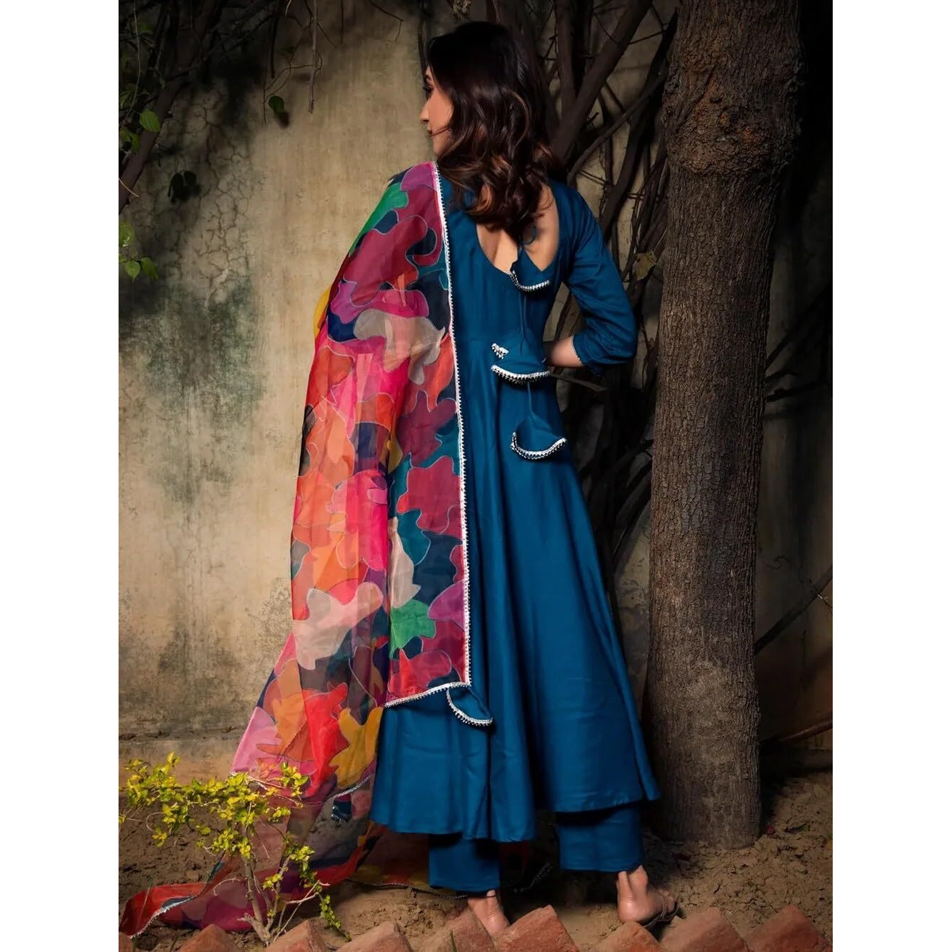 Sugathari Women's Blue Floral Print Tiered Midi Fit & Flare Dress With Digital Printed Dupatta (Dress2 112 Blue Xl)