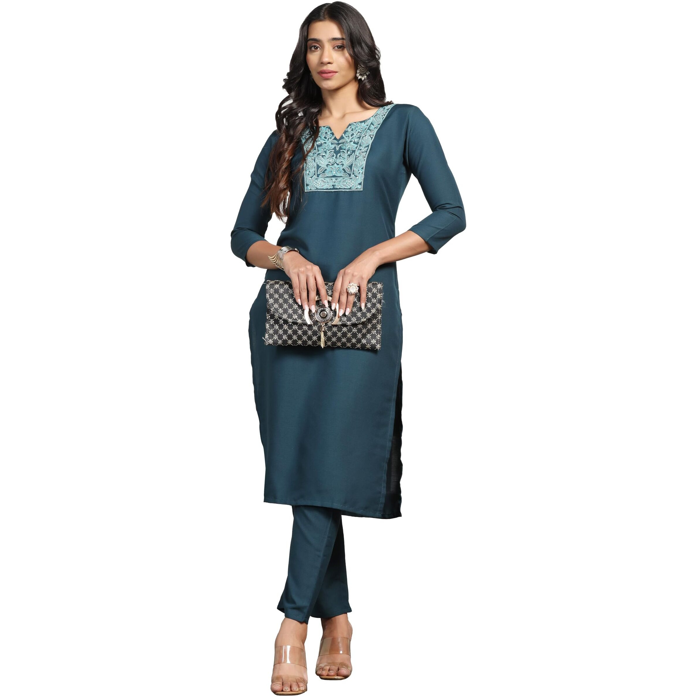 Tadkee Women Kurti And Pant Set With Embroidery Work (Fn-Kurti-Pant-Flower-Patch-114-Navy-L) Dark Blue