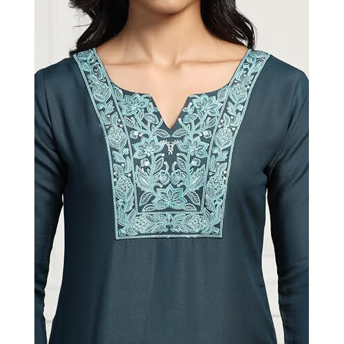 Tadkee Women Kurti And Pant Set With Embroidery Work (Fn-Kurti-Pant-Flower-Patch-114-Navy-L) Dark Blue