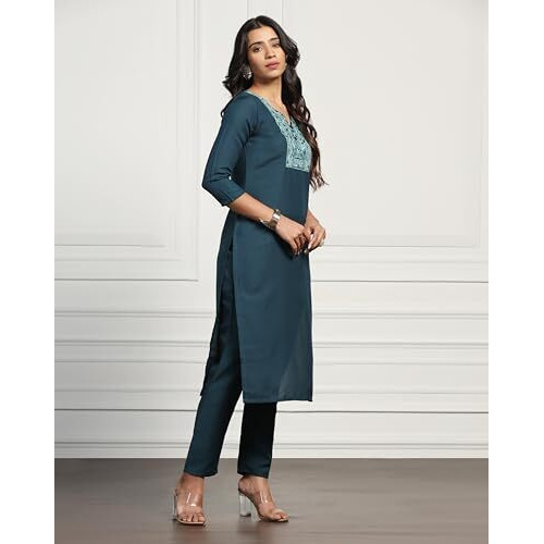 Tadkee Women Kurti And Pant Set With Embroidery Work (Fn-Kurti-Pant-Flower-Patch-114-Navy-L) Dark Blue