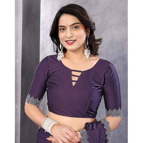 Yashika Women's Hot Fix Work And Solid Color Satin Moss Saree With Unstitched Blouse Material (Az-Ys-P1-New-Pintu Purple)