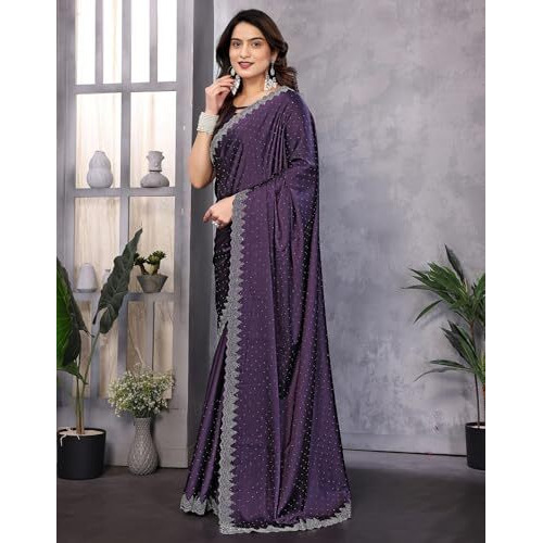Yashika Women's Hot Fix Work And Solid Color Satin Moss Saree With Unstitched Blouse Material (Az-Ys-P1-New-Pintu Purple)