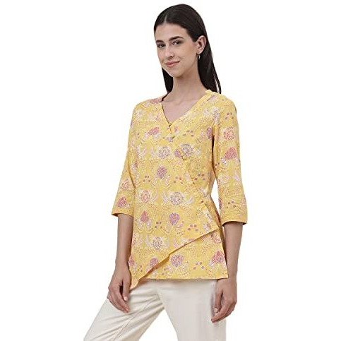 Fabindia Women's Cotton Printed Regular Kurta Short (2112691Yellow_Yellow
