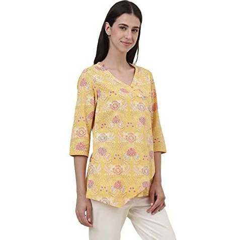 Fabindia Women's Cotton Printed Regular Kurta Short (2112691Yellow_Yellow