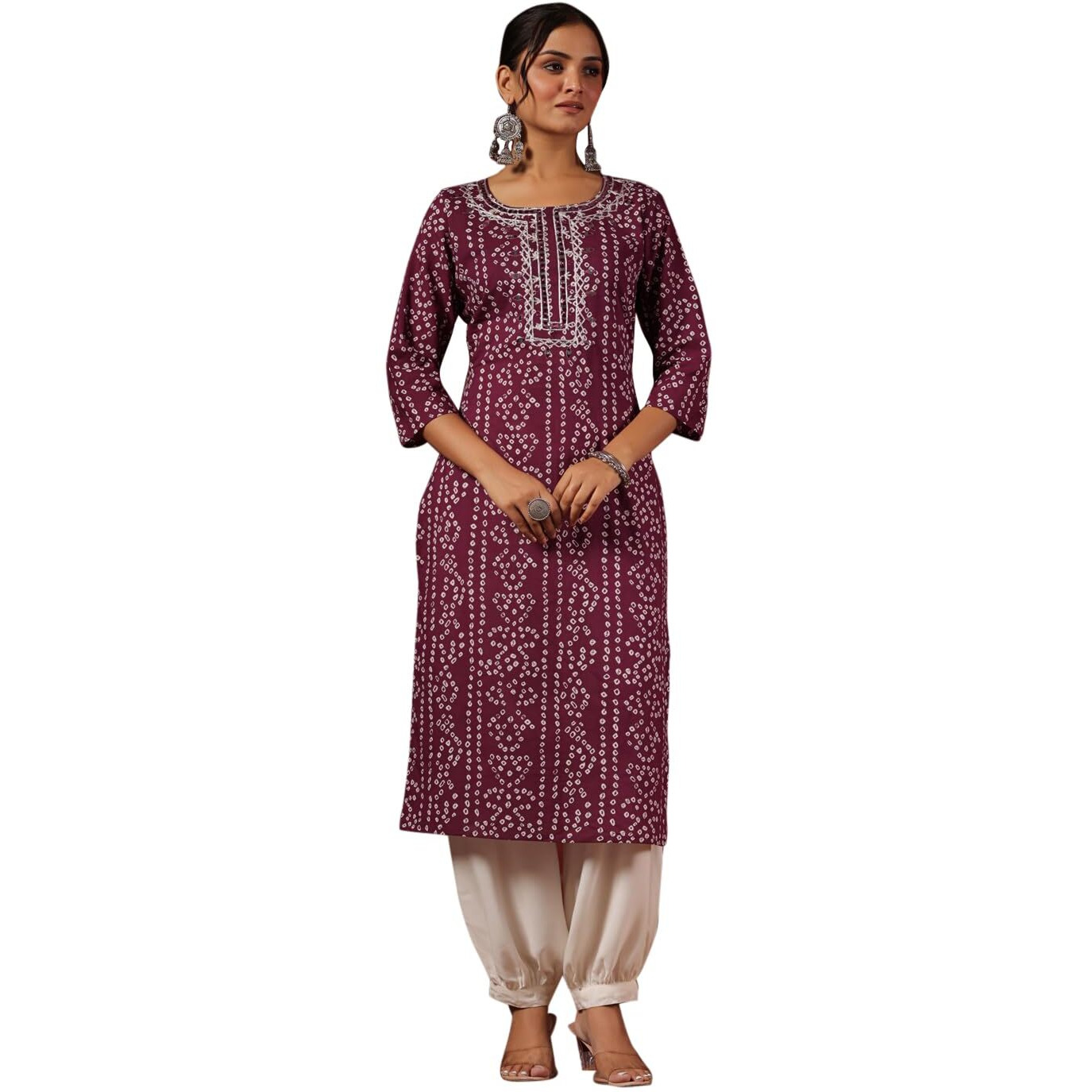 Ishin Women's Bandhni Morror Work Purple Round Neck Straight Kurta