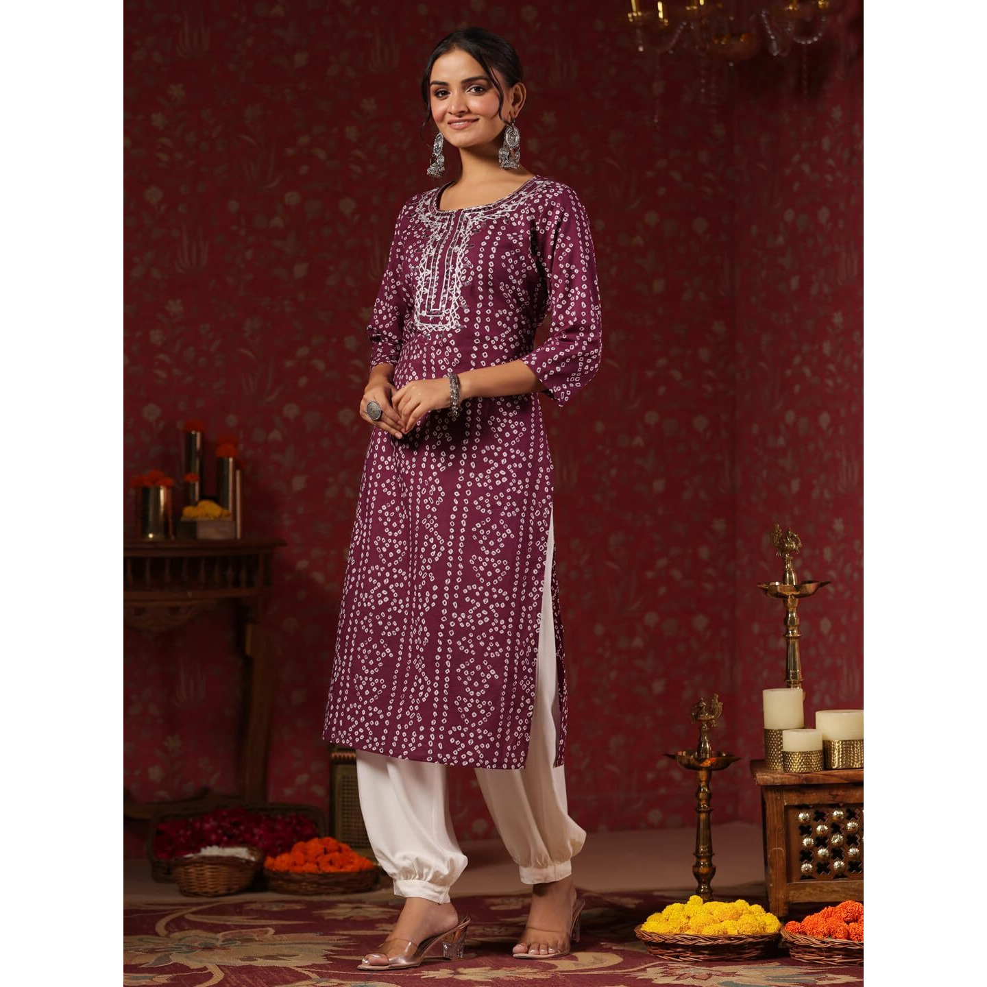 Ishin Women's Bandhni Morror Work Purple Round Neck Straight Kurta