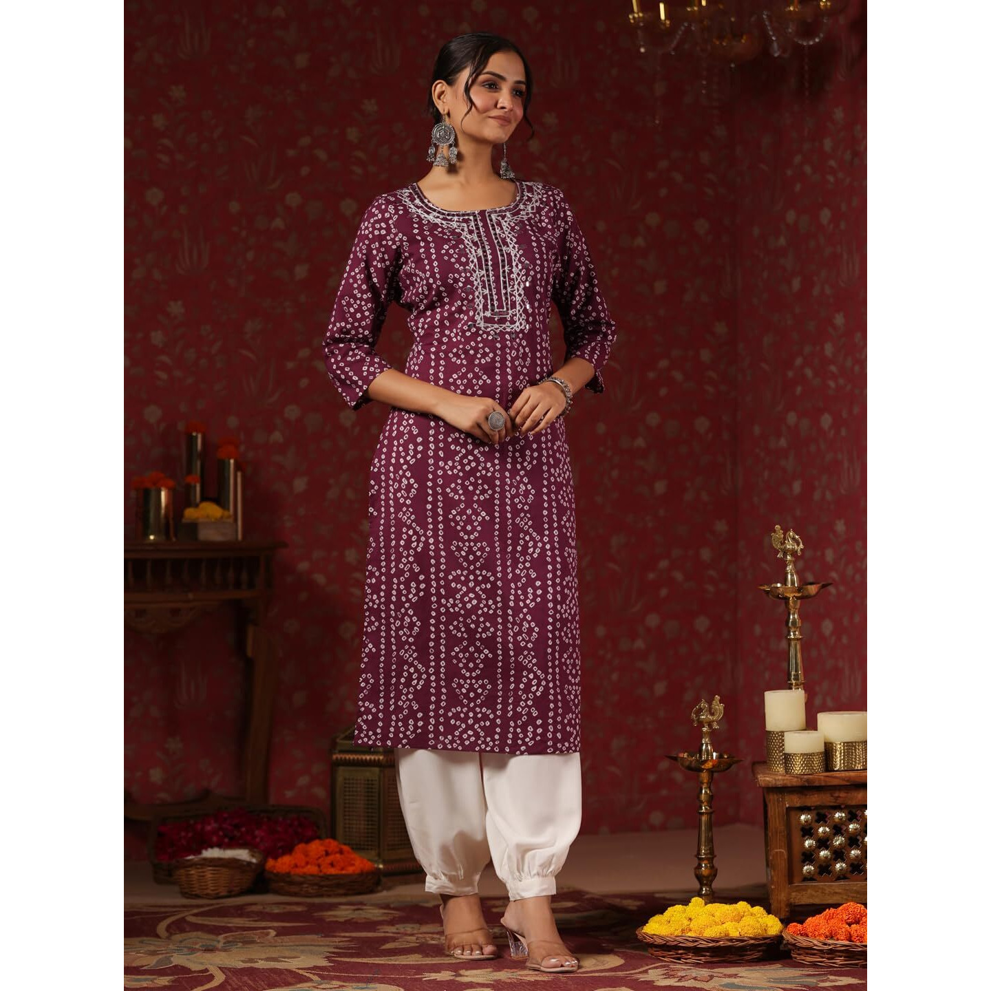 Ishin Women's Bandhni Morror Work Purple Round Neck Straight Kurta