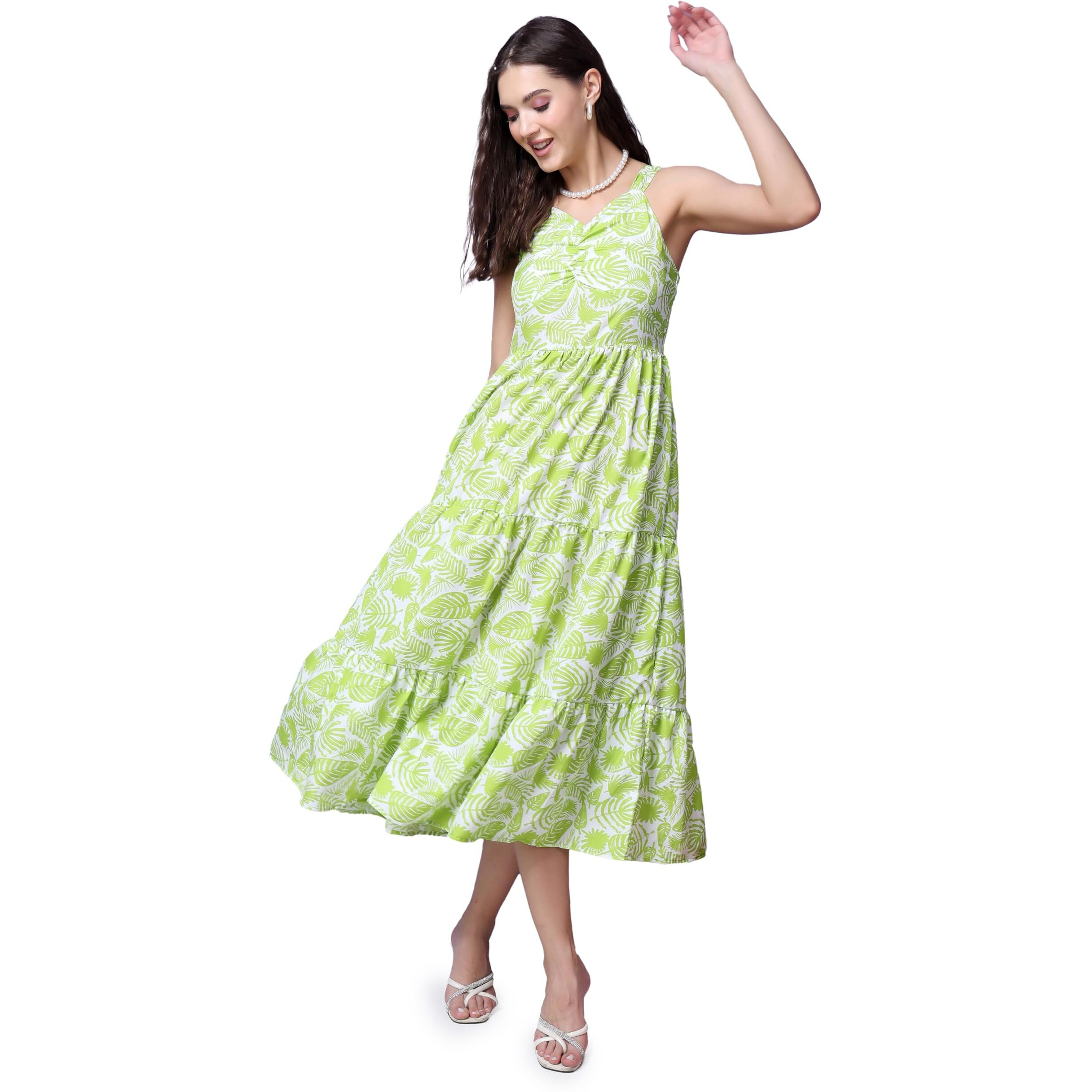 Popwings Casual Georgette Flare Maxi Dress For Women | Sleeveless Long Printed Stylish Dress Green