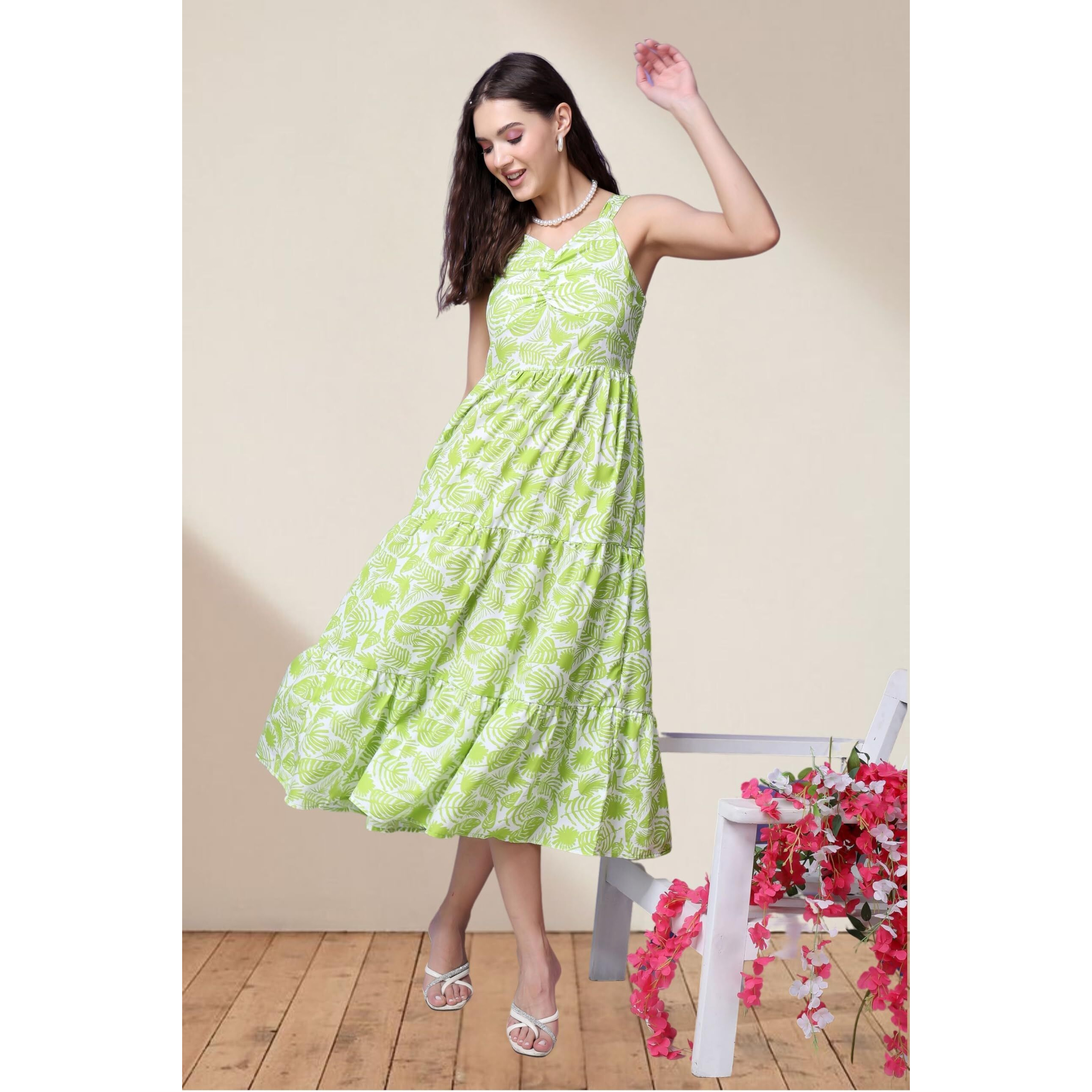 Popwings Casual Georgette Flare Maxi Dress For Women | Sleeveless Long Printed Stylish Dress Green