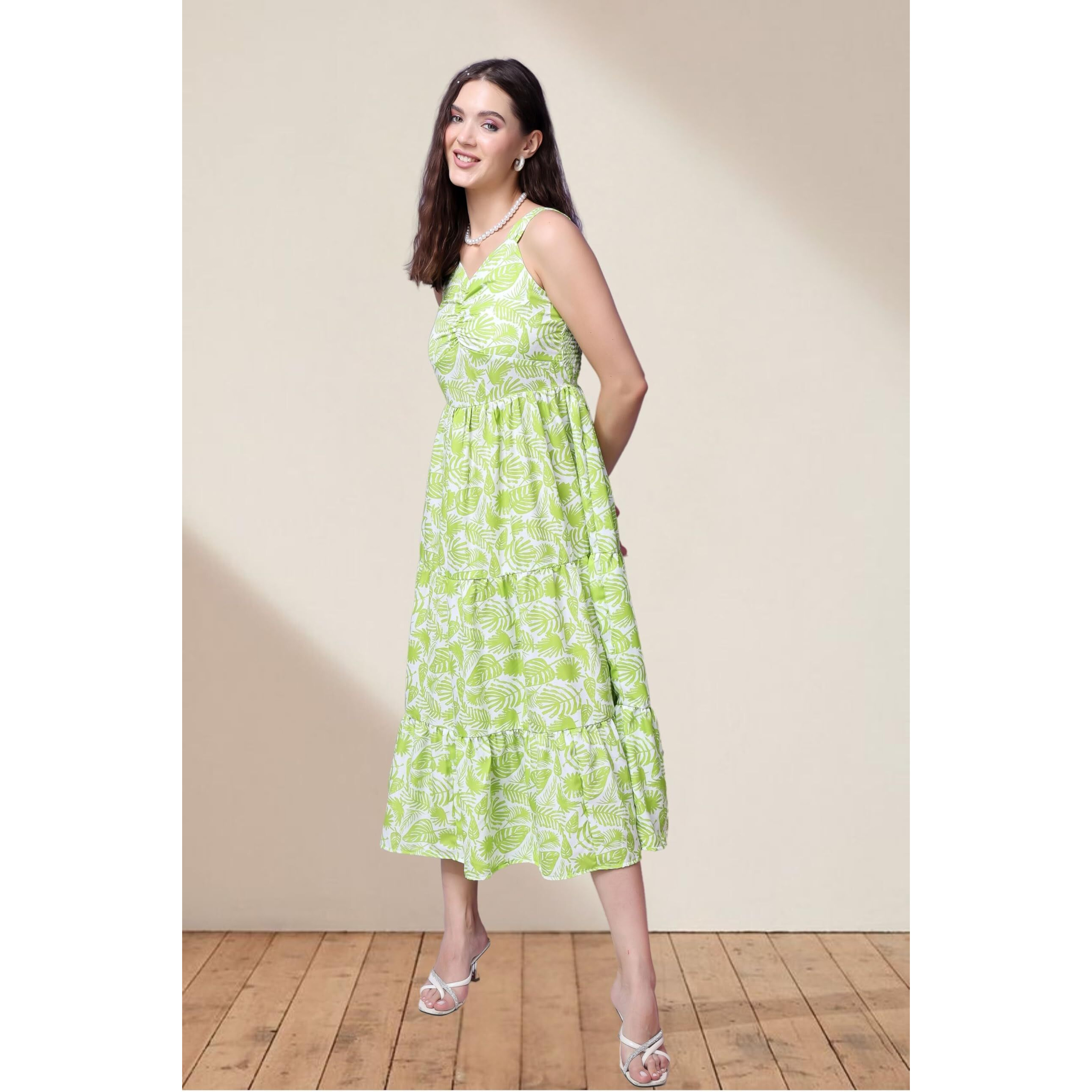 Popwings Casual Georgette Flare Maxi Dress For Women | Sleeveless Long Printed Stylish Dress Green