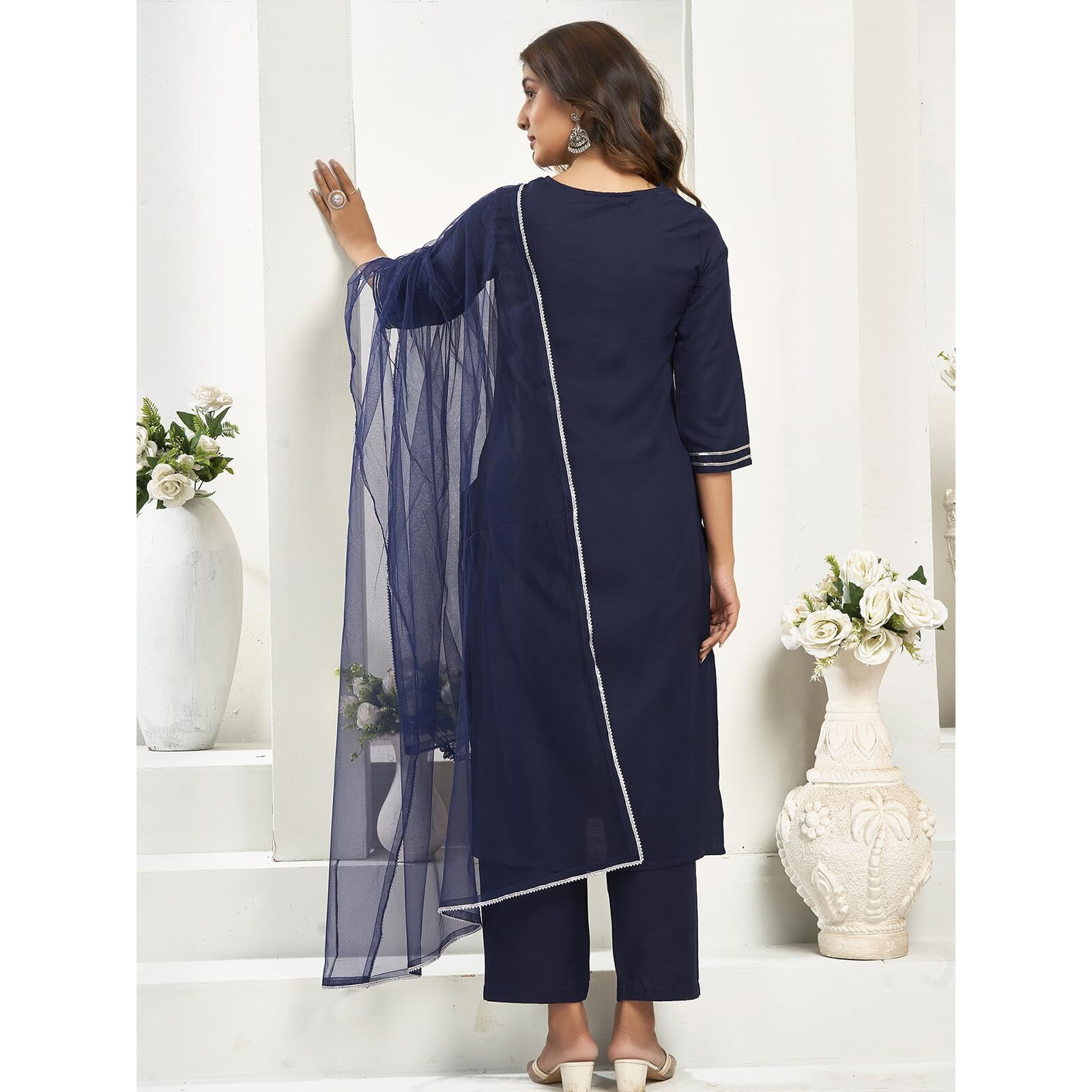 Sanisa Women's Cotton Blend Sequence And Embroidery Work Straight Kurta With Pant And Dupatta Set (182Kbd1942N-L_Navy Blue)