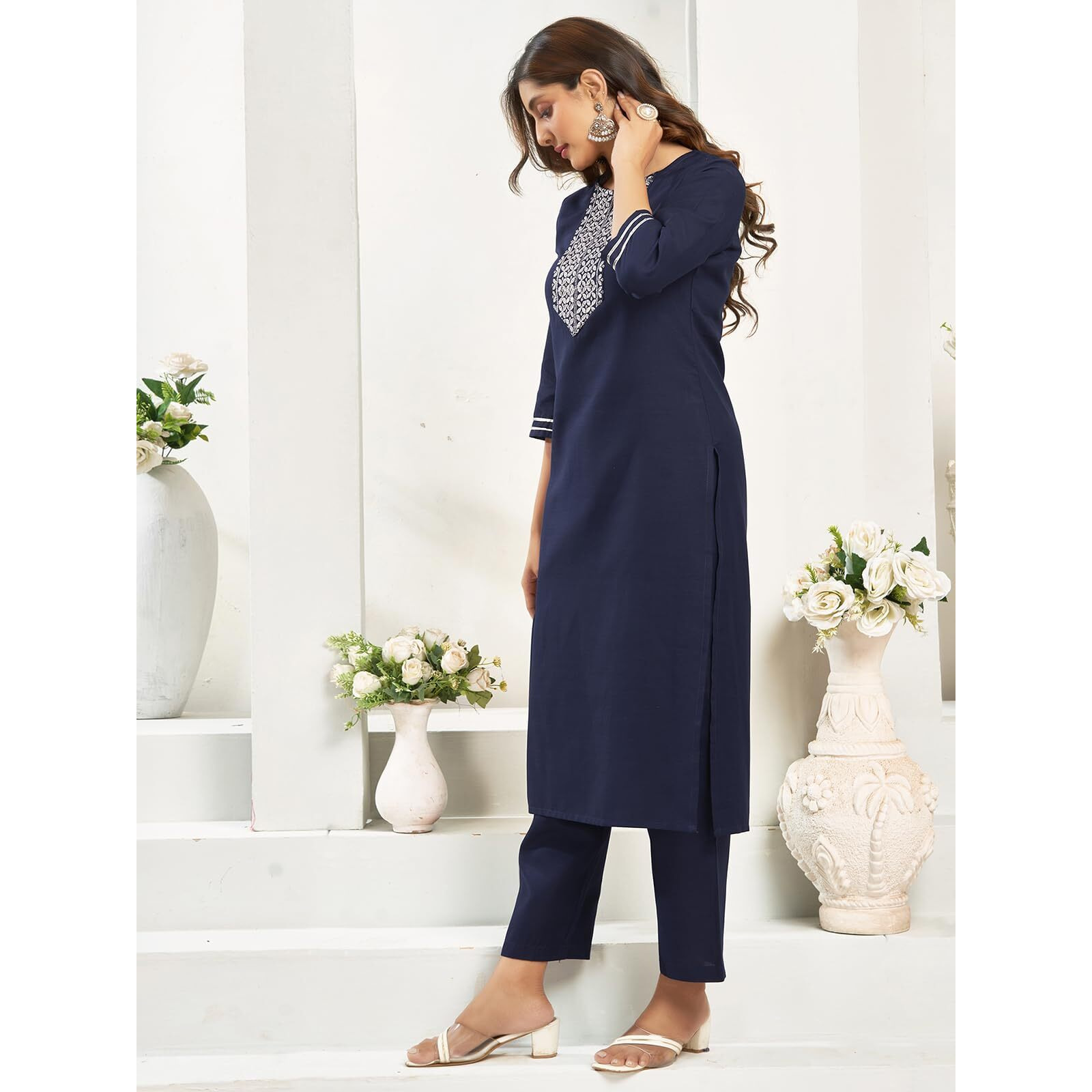 Sanisa Women's Cotton Blend Sequence And Embroidery Work Straight Kurta With Pant And Dupatta Set (182Kbd1942N-L_Navy Blue)