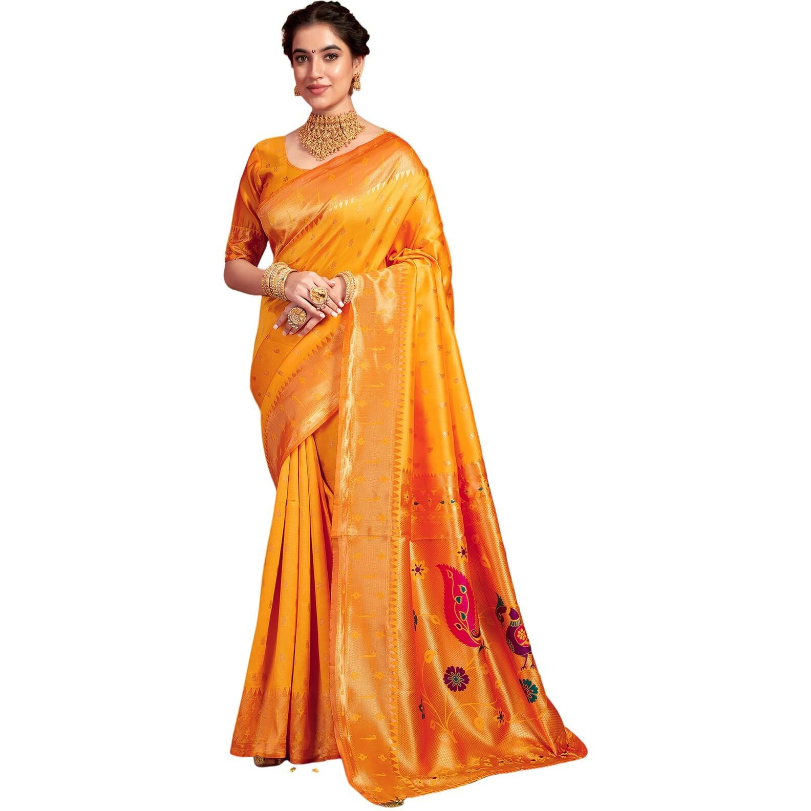 Satrani Women's Silk Paithani Jacquard Saree With Unstitched Blouse Piece (4048S6339N_Yellow)
