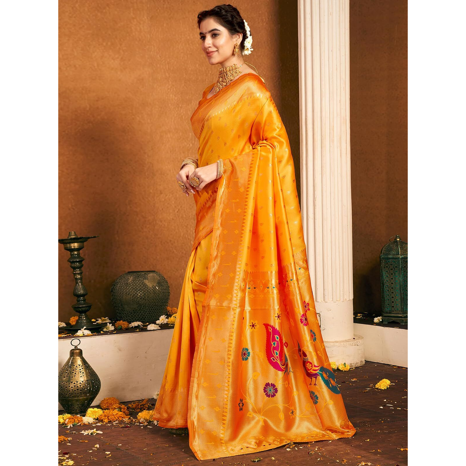 Satrani Women's Silk Paithani Jacquard Saree With Unstitched Blouse Piece (4048S6339N_Yellow)
