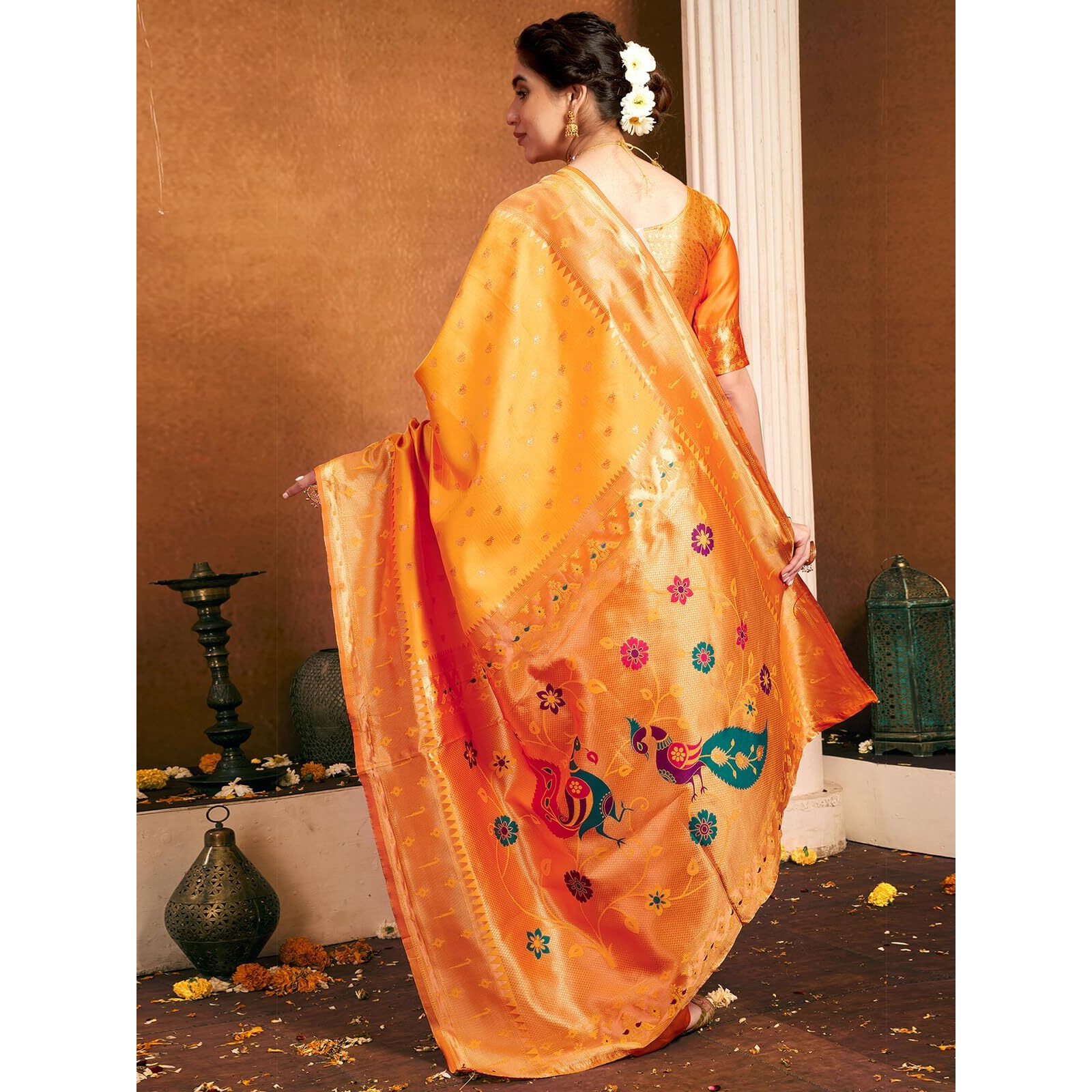 Satrani Women's Silk Paithani Jacquard Saree With Unstitched Blouse Piece (4048S6339N_Yellow)