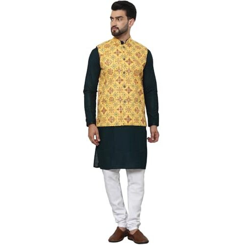 Sojanya (Since 1958 Men's Pure Cotton Brown Kurta And White Pyjama With Printed Mustard Nehru Jacket