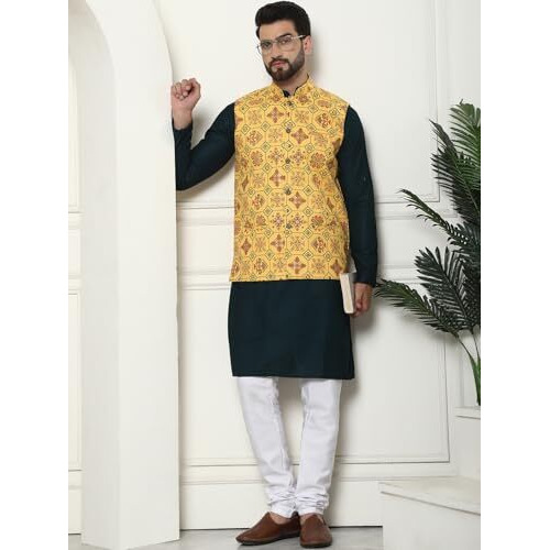 Sojanya (Since 1958 Men's Pure Cotton Brown Kurta And White Pyjama With Printed Mustard Nehru Jacket