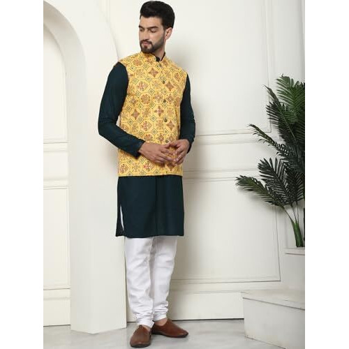 Sojanya (Since 1958 Men's Pure Cotton Brown Kurta And White Pyjama With Printed Mustard Nehru Jacket