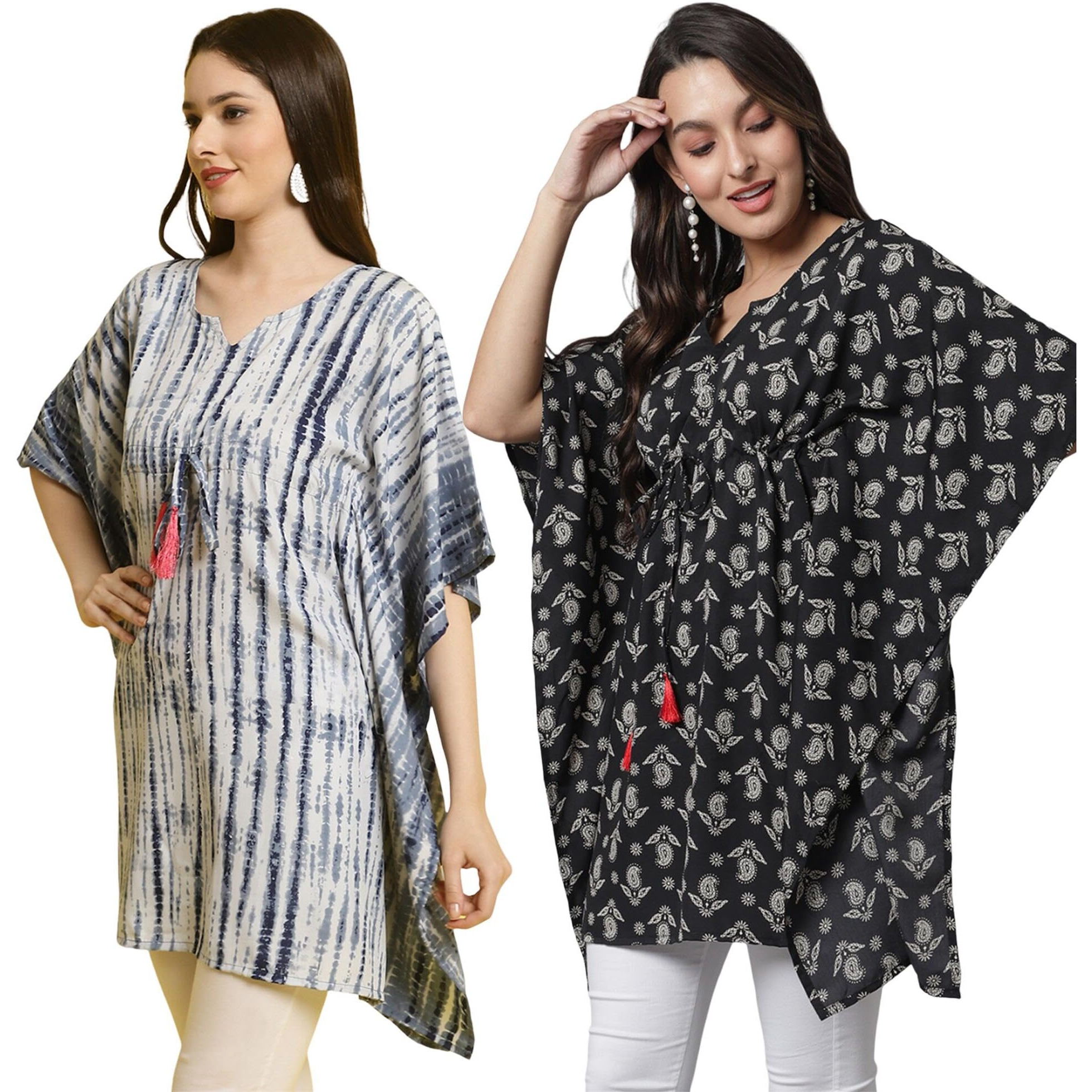 Tee Projekt Casual Crepe Kimino Sleeves Women's Kaftan Dress Ll Kaftan Casual & Everyday Kurta (Pack Of 2) Blue-Peach