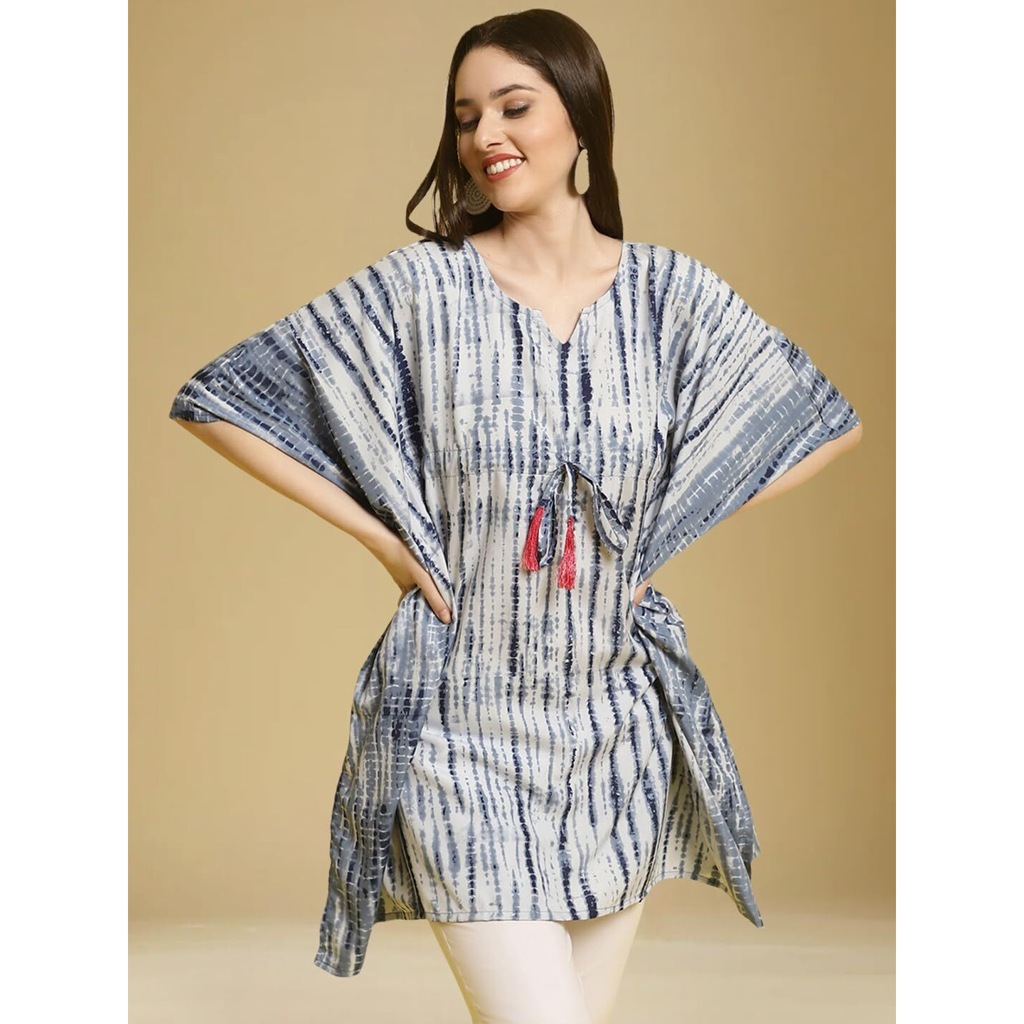 Tee Projekt Casual Crepe Kimino Sleeves Women's Kaftan Dress Ll Kaftan Casual & Everyday Kurta (Pack Of 2) Blue-Peach