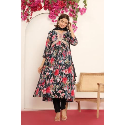 Varanga Women Black Floral Printed Embroidered V-Neck Alia Cut Kurta Paired With Tonal Dupatta