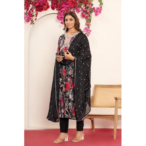 Varanga Women Black Floral Printed Embroidered V-Neck Alia Cut Kurta Paired With Tonal Dupatta