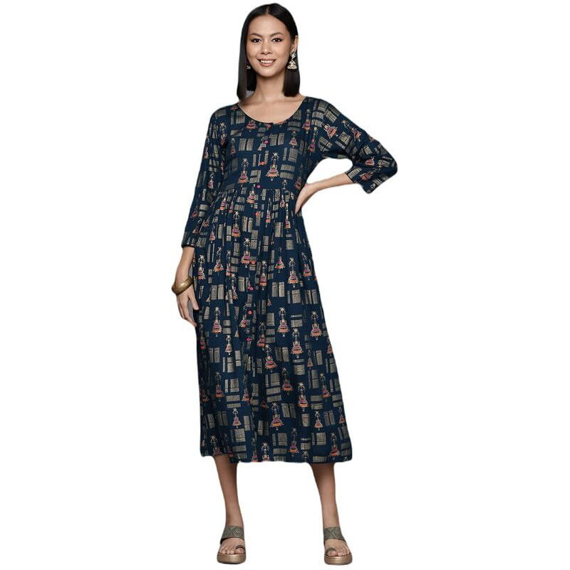 Varanga Women's Viscose Blend A-Line Maxi Dress (Nv_Vdrs41086-L_Navy Blue