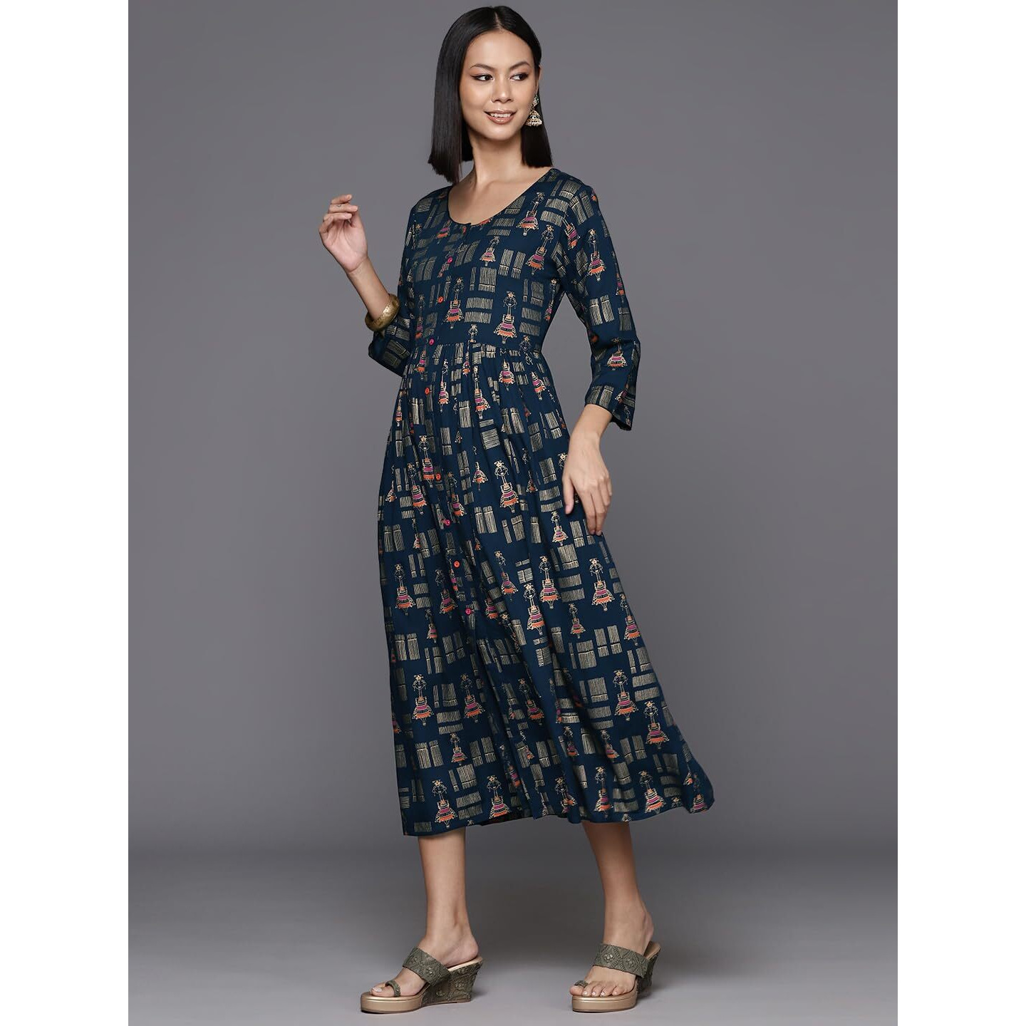 Varanga Women's Viscose Blend A-Line Maxi Dress (Nv_Vdrs41086-L_Navy Blue