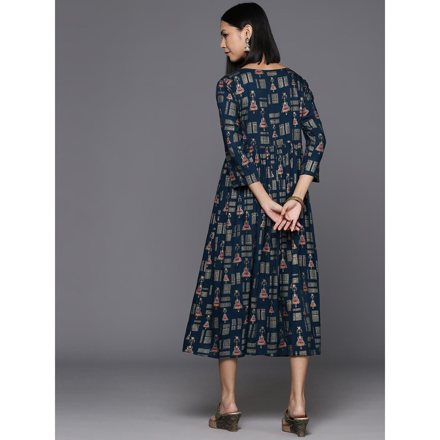 Varanga Women's Viscose Blend A-Line Maxi Dress (Nv_Vdrs41086-L_Navy Blue