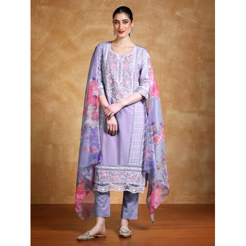 Varanga Thread Embroidered Kurta With Trouser & Floral Printed Dupatta