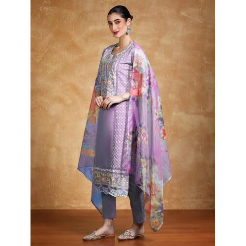 Varanga Thread Embroidered Kurta With Trouser & Floral Printed Dupatta