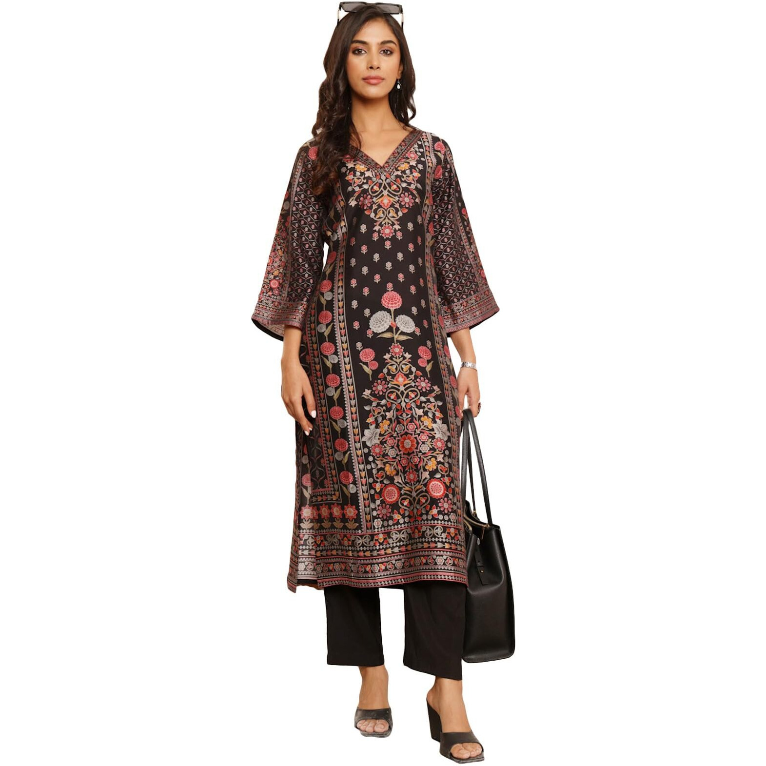 Varanga Women Black Ethnic Floral Printed Kurta With Solid Trouser - Comfortable & Stylish Set For A Chic Look