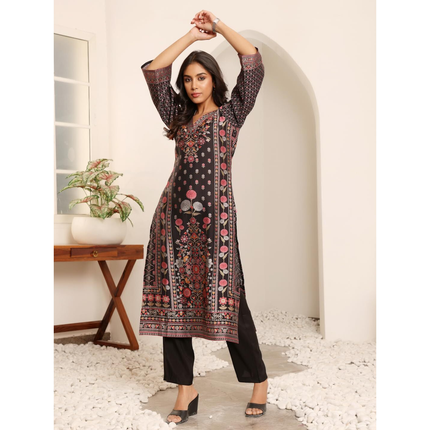 Varanga Women Black Ethnic Floral Printed Kurta With Solid Trouser - Comfortable & Stylish Set For A Chic Look