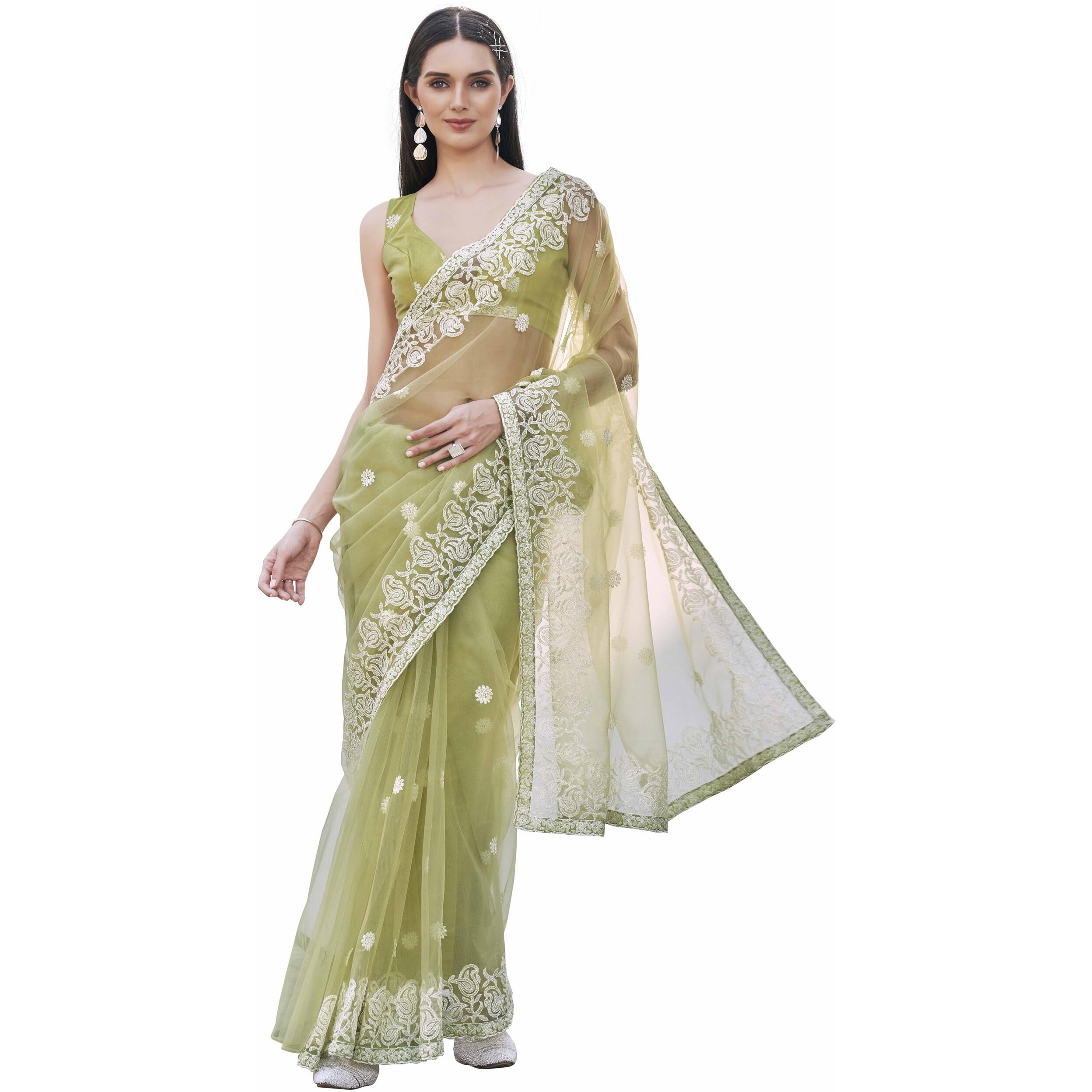 Womanista Women's Green Colored Embroidered Net Saree With Scalloped Border(Ti7001_Green_Onesize)