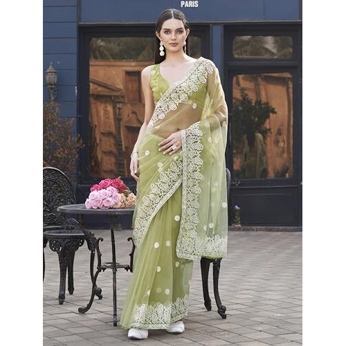 Womanista Women's Green Colored Embroidered Net Saree With Scalloped Border(Ti7001_Green_Onesize)