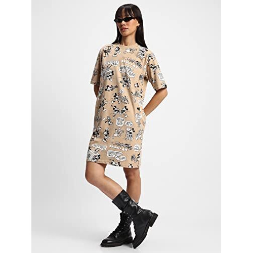 Bewakoof Women's's All Over Printed Cotton Dress Oversized Fit, Round Neck, Half Sleeve_582005_Brown_L