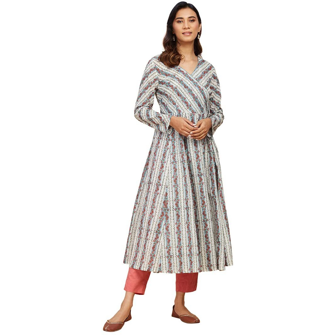 Fabindia Women's Cotton Printed Slim Kurta (102917501_White