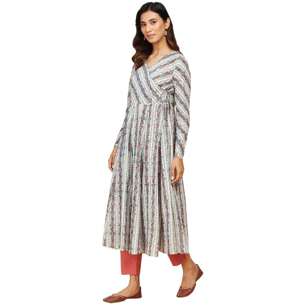 Fabindia Women's Cotton Printed Slim Kurta (102917501_White