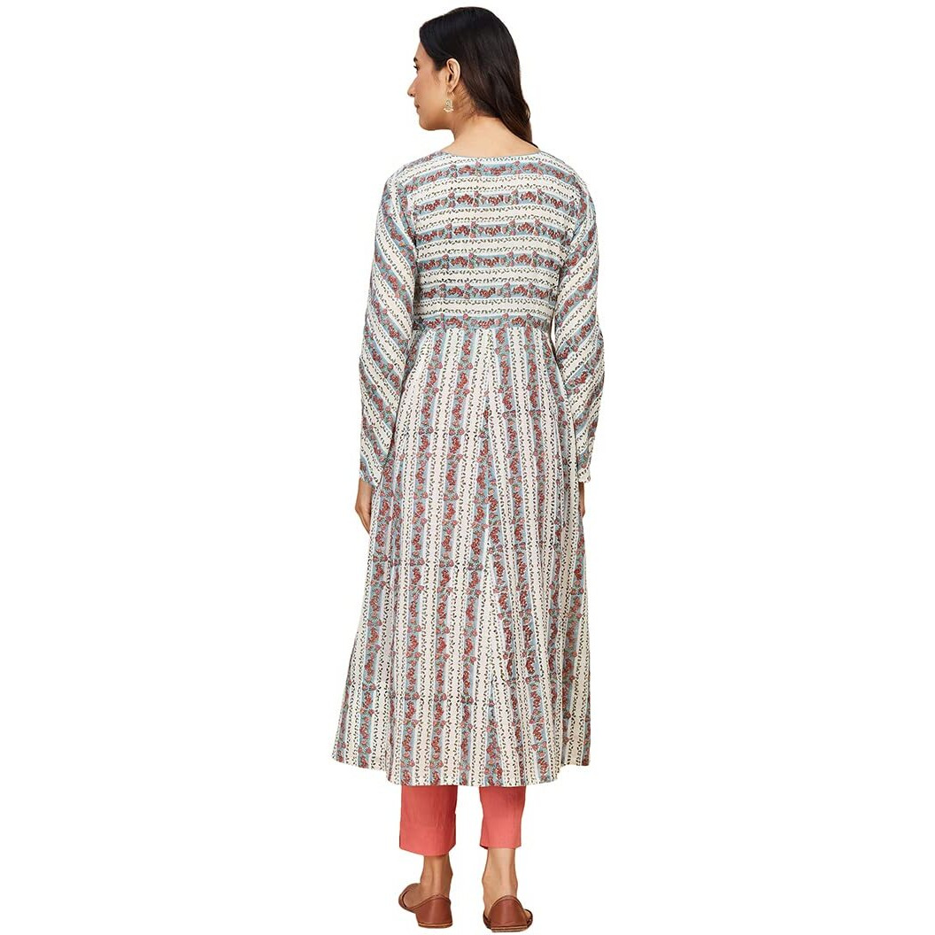 Fabindia Women's Cotton Printed Slim Kurta (102917501_White