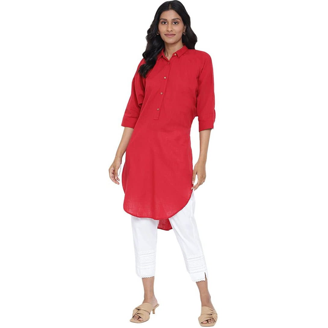 Fabindia Women Lapel Collar Dress Cotton_S Red