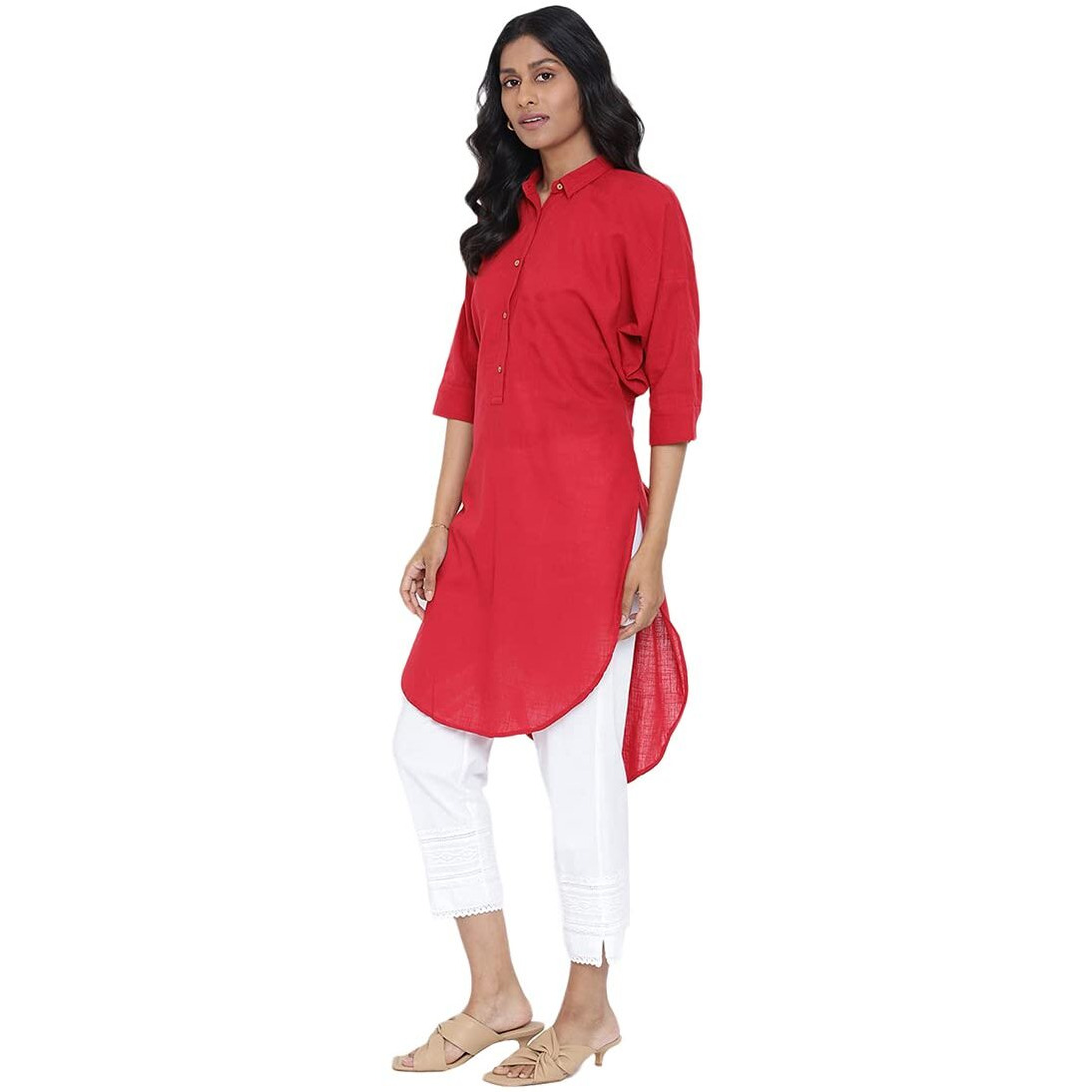 Fabindia Women Lapel Collar Dress Cotton_S Red