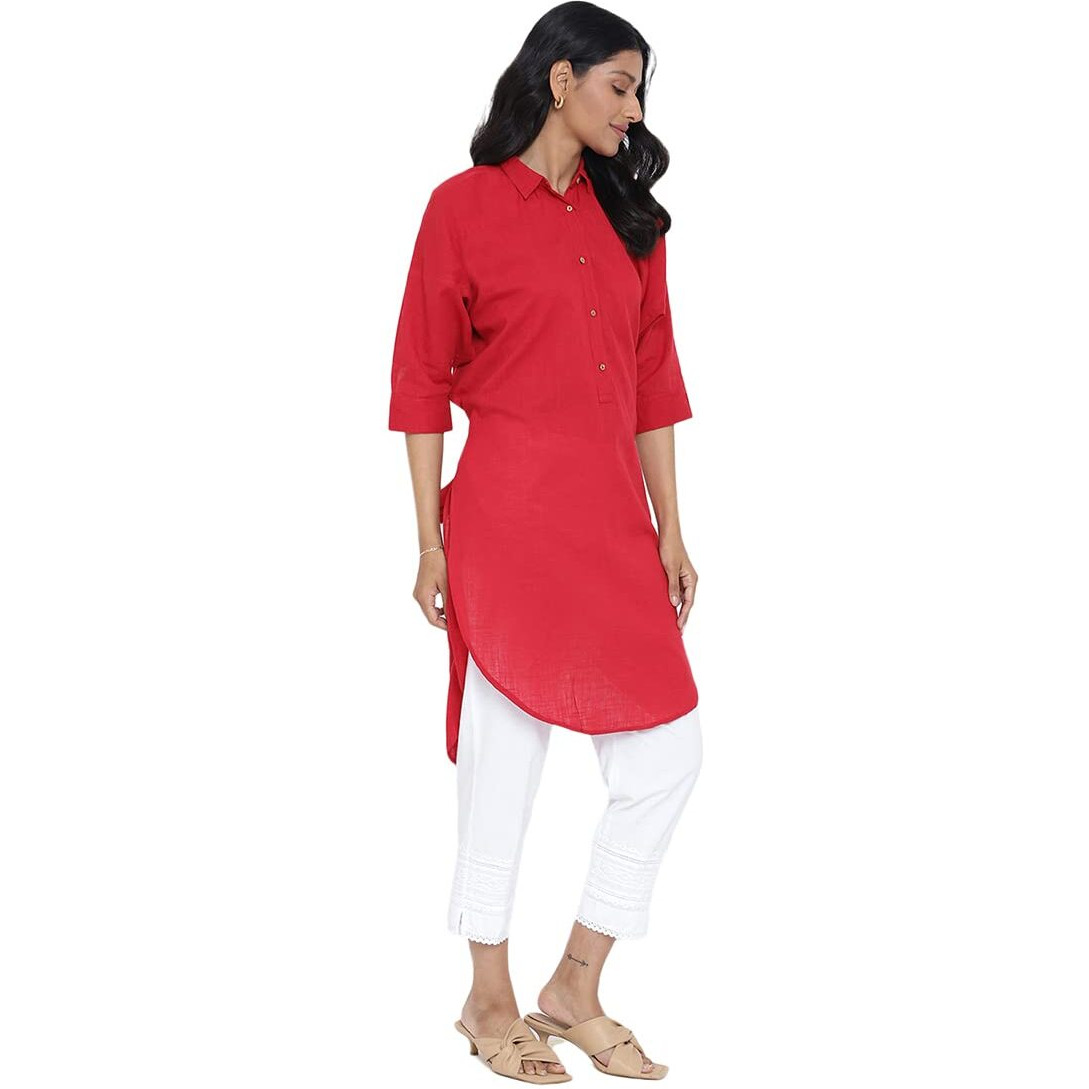 Fabindia Women Lapel Collar Dress Cotton_S Red