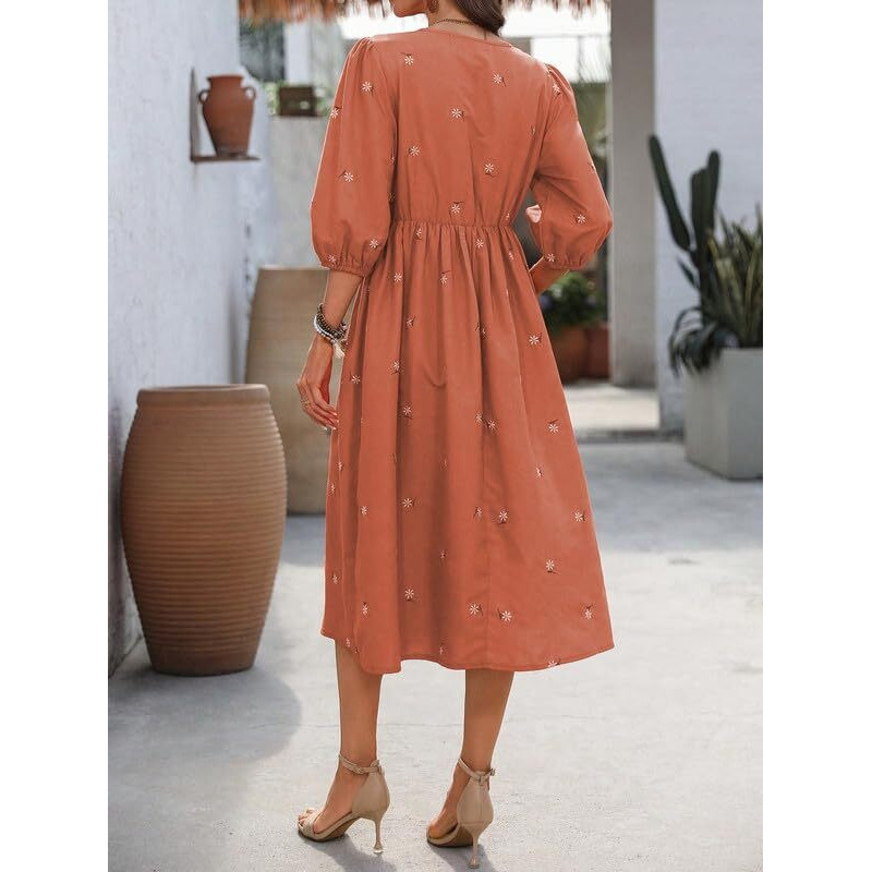Smowkly Cotton Blend Women's Casual Solid Printed Dress Mid-Length Maxi Dress (1665_Org_Xl) Orange