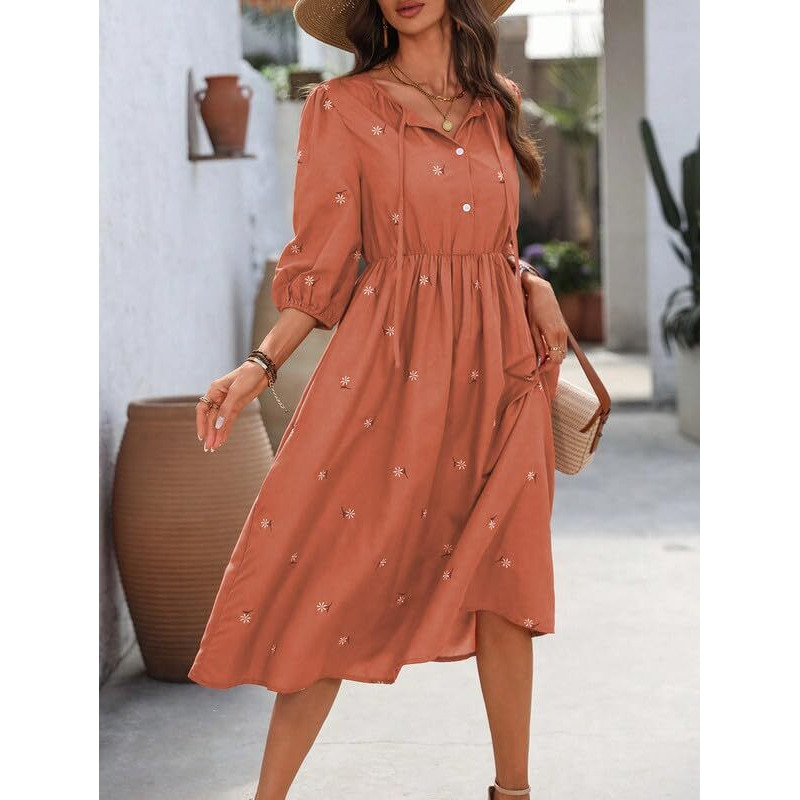 Smowkly Cotton Blend Women's Casual Solid Printed Dress Mid-Length Maxi Dress (1665_Org_Xl) Orange