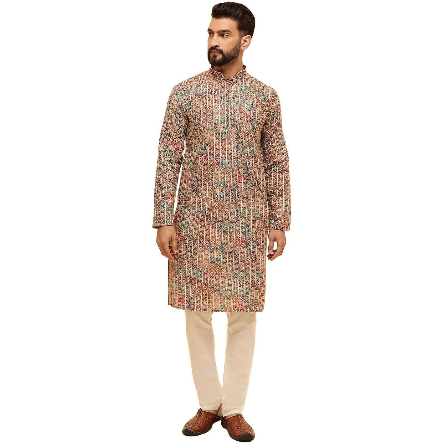 Sojanya (Since 1958 Men's Cotton Silk Gold Thread Floral Embroidered Kurta With White Pyjama
